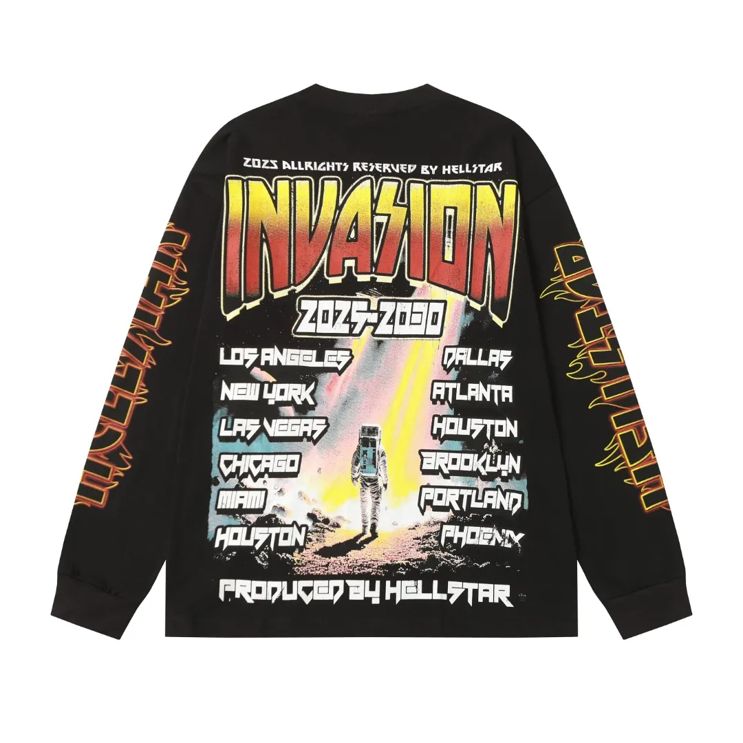 P140 Real stock Hellstar Cross-border European and American style/street brand pure cotton long-sleeved T-shirt Fabric (fabric): High-density 26-count 270-gram heavy combed double yarn pure cotton Size (size): S-M- L- X L Color (colour): Reactive black