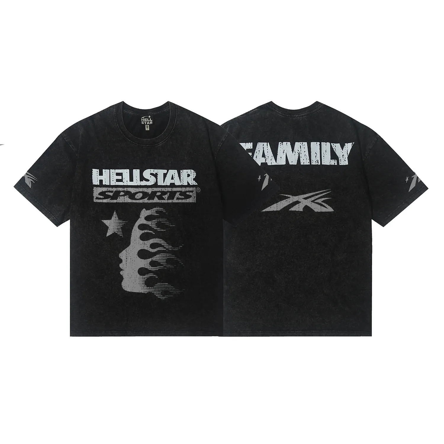 7739# P124 Washed Hellstar Hellstar ins same style retro printed tops for men and women, casual and trendy pure cotton washed short-sleeved T-shirt Color: Black Size: S M L XL