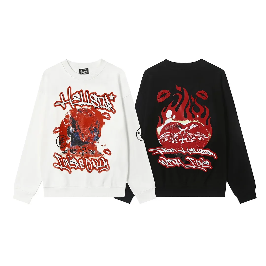 8802# P160 Hellstar high-quality Hellstar American trendy printed cotton terry crew neck sweatshirt Color: White Black Size: S M L XL