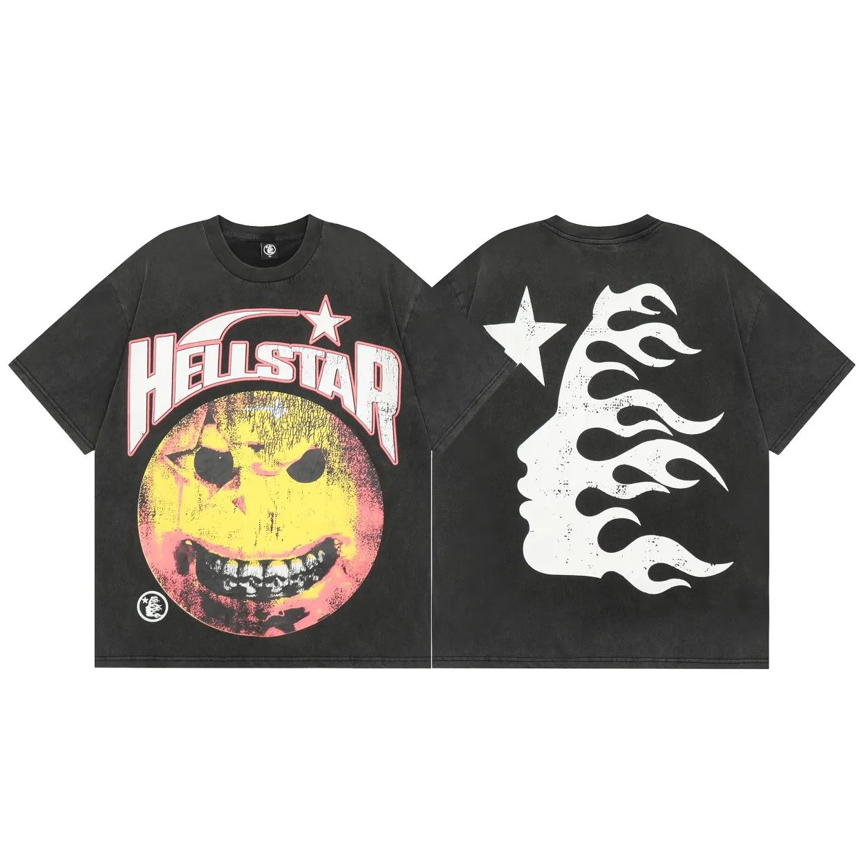 P126 Hellstar Studios Evil Smile Short Sleeve Tee Shirt Washed Black Hellstar Smile Earth washed and distressed short-sleeved T-shirt The new hot beauty trend Hellstar!  Standard beauty and trendy workmanship, original customization (fabric, pattern, printing, hang tag, main mark, etc.), exaggerated style, explosive style, dare to break through tradition, bring adventurous new fashion experience!  YoungBoy, the most popular rapper in the youth circle, has shot a lot of models for him, and celebrities such as Dababy and Swae Lee frequently get dressed!  color: Vintage Black (washed black) size: S, M, L, XL
