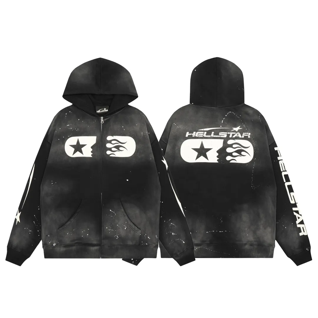 P240 HELLSTAR STUDIOS ZIP HOODIE old splash ink spray maliu splash ink heavy industry hoodie sweatshirt cardigan jacket new hot beauty trend Hellstar! Standard beauty and trendy workmanship, original customization (fabric, pattern, printing, hang tag, main mark, etc.), exaggerated style, explosive style, dare to break through tradition, bring adventurous new fashion experience!   YoungBoy, the most popular rapper in the youth circle, has shot a lot of models for him, and celebrities such as Dababy and Swae Lee frequently get dressed!  color: black Size: S, M, L, XL