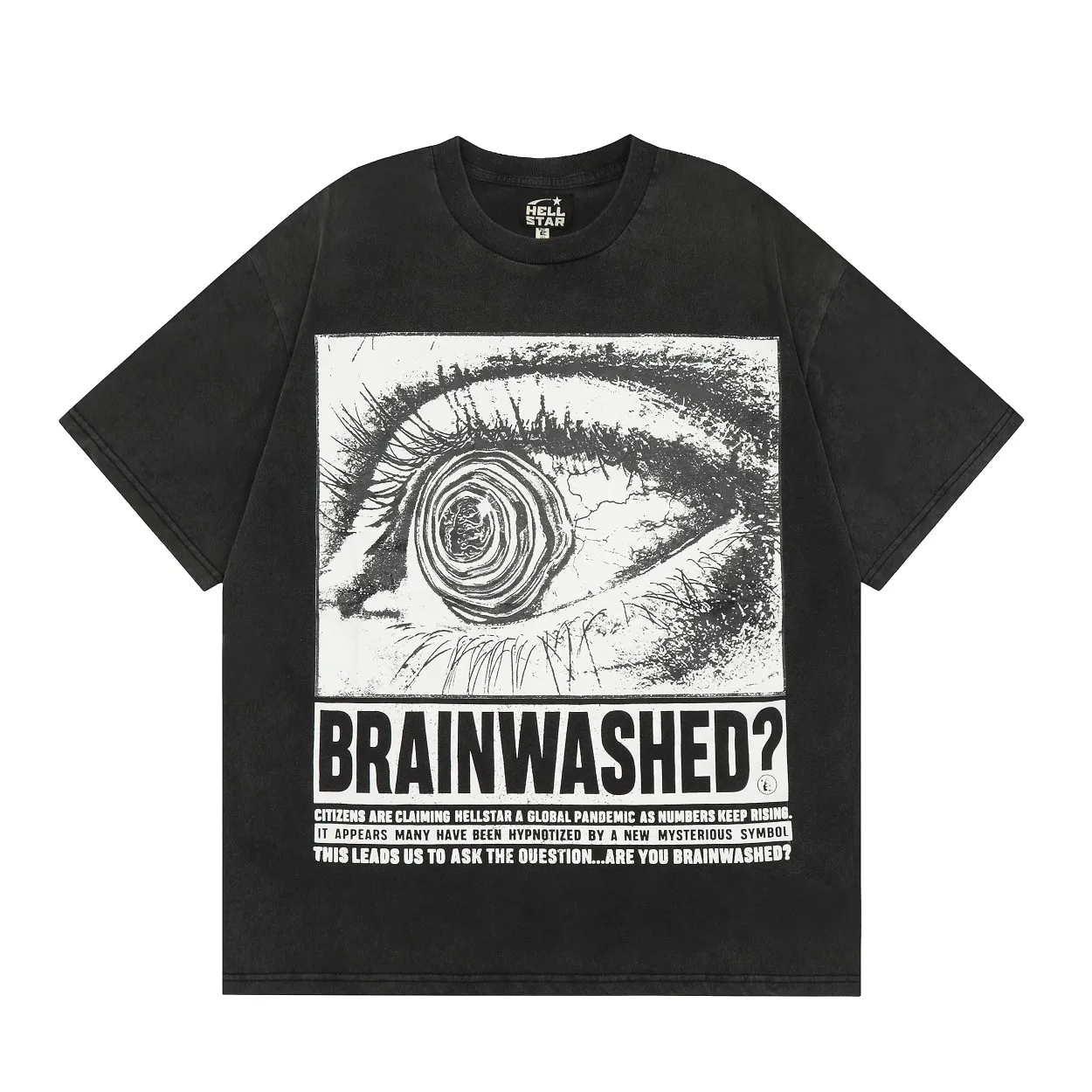 P134 Hellstar Eyeball T-Shirt Short-sleeved T-shirt The new hot beauty trend Hellstar! Standard beauty and trendy workmanship, original customization (fabric, pattern, printing, hang tag, main mark, etc.), exaggerated style, explosive style, dare to break through tradition, bring adventurous new fashion experience!   YoungBoy, the most popular rapper in the youth circle, has shot a lot of models for him, and celebrities such as Dababy and Swae Lee frequently get dressed!   color: Vintage Black (washed black) size: S, M, L, XL