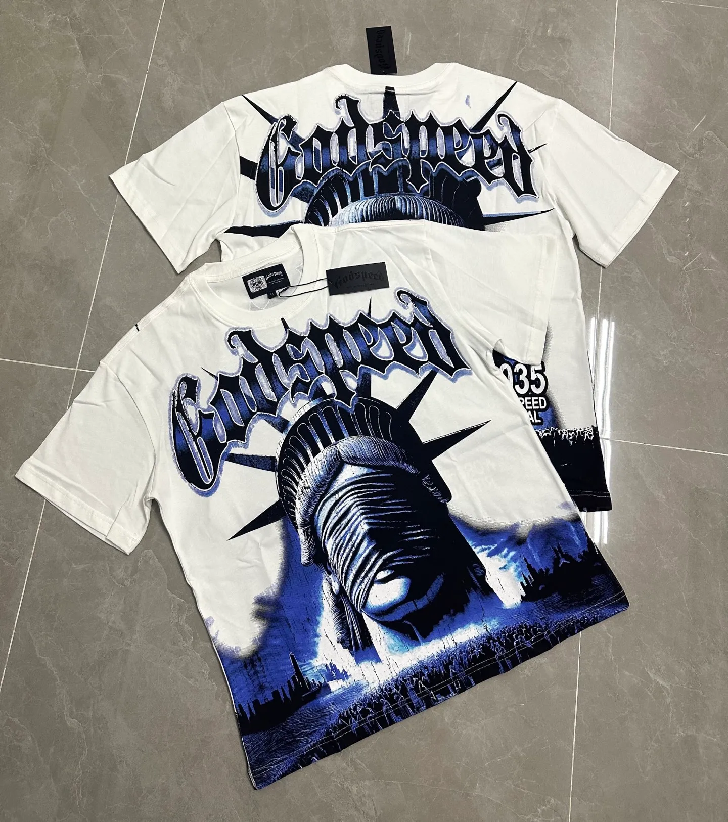 P116 5138# White I Real shot in stock (new high-definition printing) Godspeed cross-border American rock and roll street washed retro style short-sleeved T (craft printing) fabric (fabric) 32 counts combed double yarn 240 grams weight code number (size): S-M-L-XL color (colour): white 👉