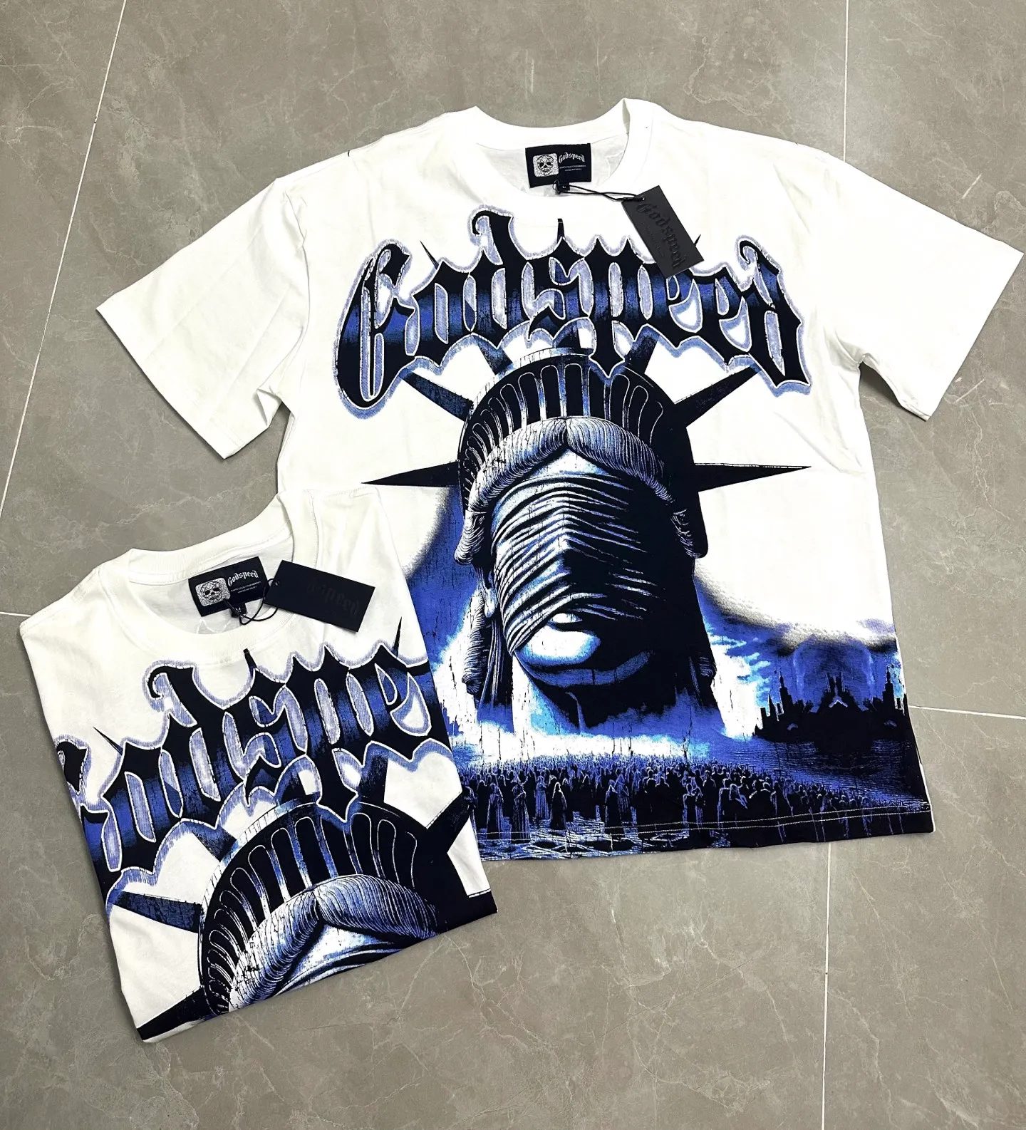 P116 5138# White I Real shot in stock (new high-definition printing) Godspeed cross-border American rock and roll street washed retro style short-sleeved T (craft printing) fabric (fabric) 32 counts combed double yarn 240 grams weight code number (size): S-M-L-XL color (colour): white 👉