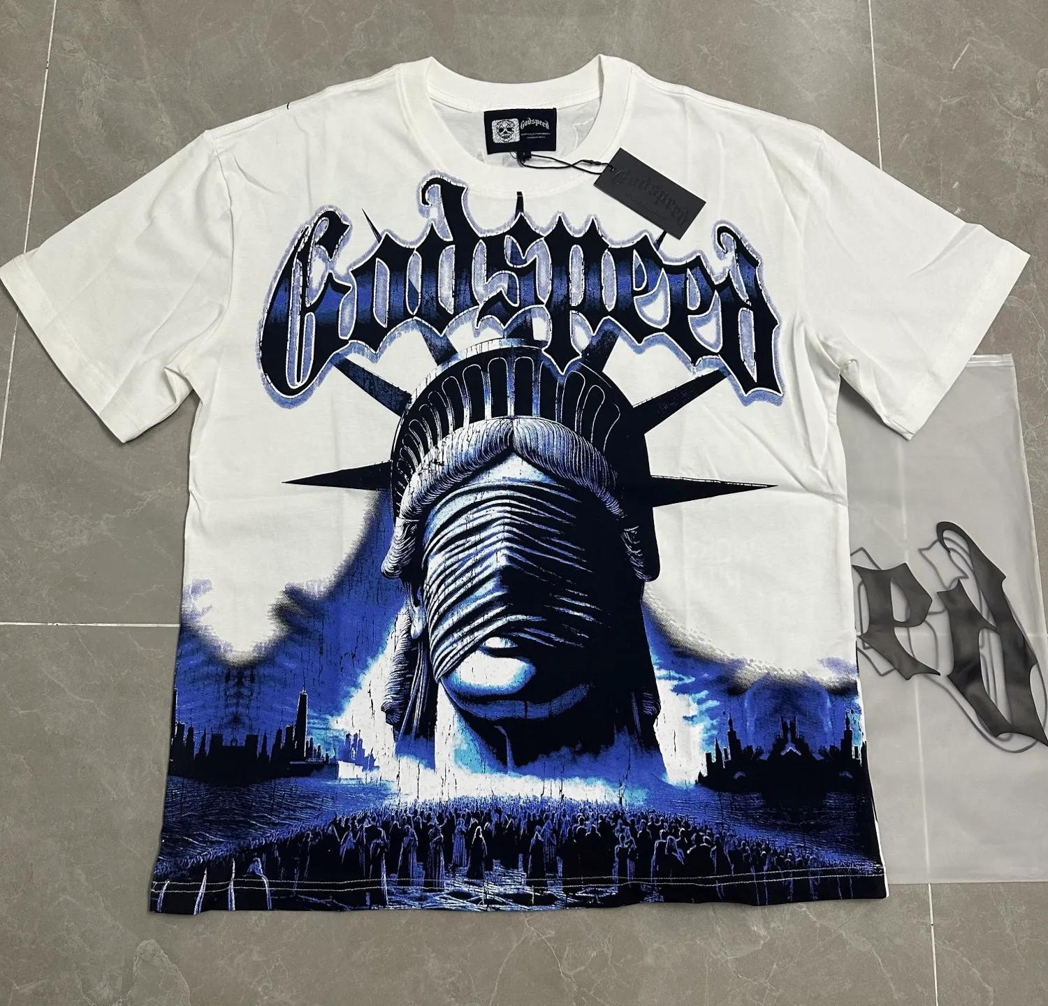 P116 5138# White I Real shot in stock (new high-definition printing) Godspeed cross-border American rock and roll street washed retro style short-sleeved T (craft printing) fabric (fabric) 32 counts combed double yarn 240 grams weight code number (size): S-M-L-XL color (colour): white 👉