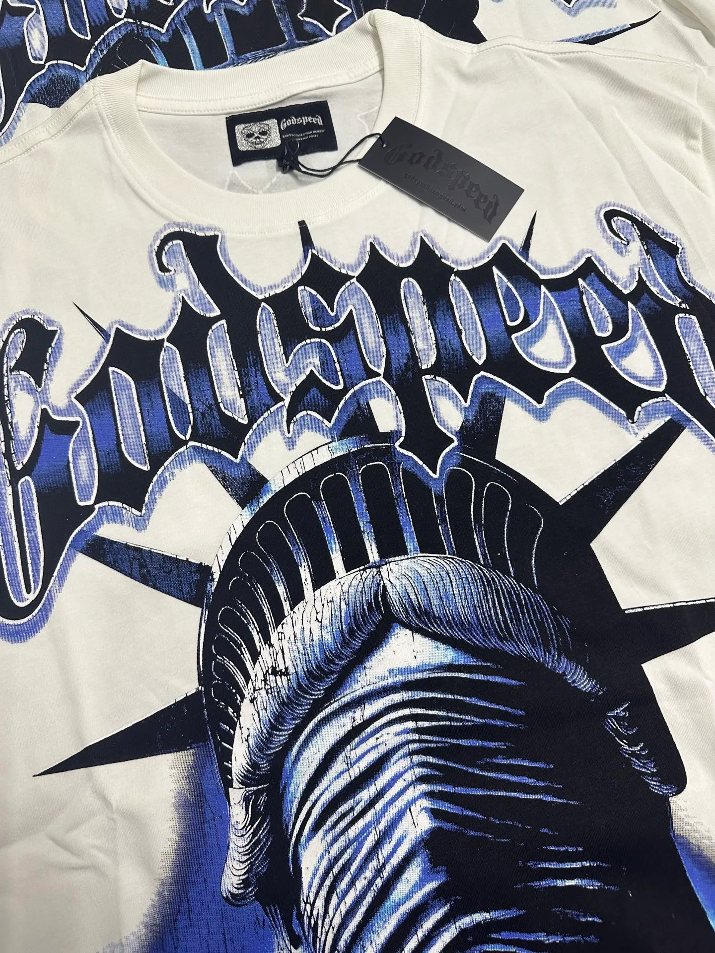 P116 5138# White I Real shot in stock (new high-definition printing) Godspeed cross-border American rock and roll street washed retro style short-sleeved T (craft printing) fabric (fabric) 32 counts combed double yarn 240 grams weight code number (size): S-M-L-XL color (colour): white 👉