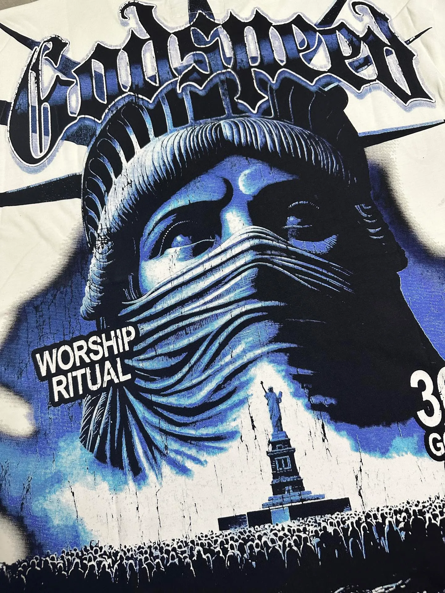 P116 5138# White I Real shot in stock (new high-definition printing) Godspeed cross-border American rock and roll street washed retro style short-sleeved T (craft printing) fabric (fabric) 32 counts combed double yarn 240 grams weight code number (size): S-M-L-XL color (colour): white 👉
