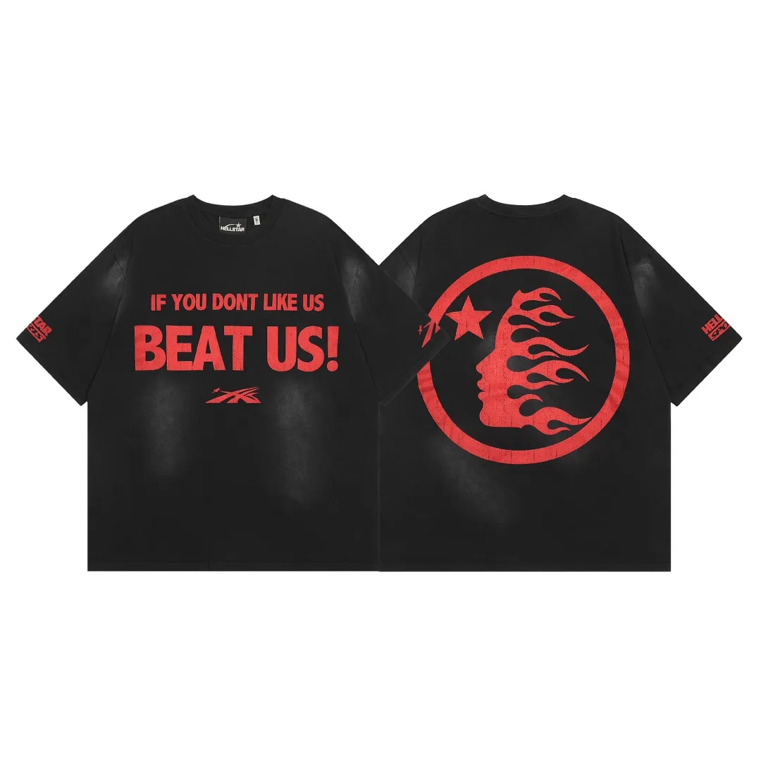 P134 Hellstar Beat Us! T-Shirt Custom Cut and sew garment manufactured in Los Angeles. Dyed and potassium sprayed with jumbo screen print. Fits slightly oversized. Gentle wash tumble dry. Dry clean preferred Newly popular Hellstar short-sleeved T-shirt!   Standard beauty and trendy workmanship, original customization (fabric, pattern, printing, hang tag, main mark, etc.), exaggerated style, explosive style, dare to break through tradition, bring adventurous new fashion experience!  YoungBoy, the most popular rapper in the youth circle, has shot a lot of models for him, and celebrities such as Dababy and Swae Lee frequently get dressed!  color: Vintage Black (washed black)