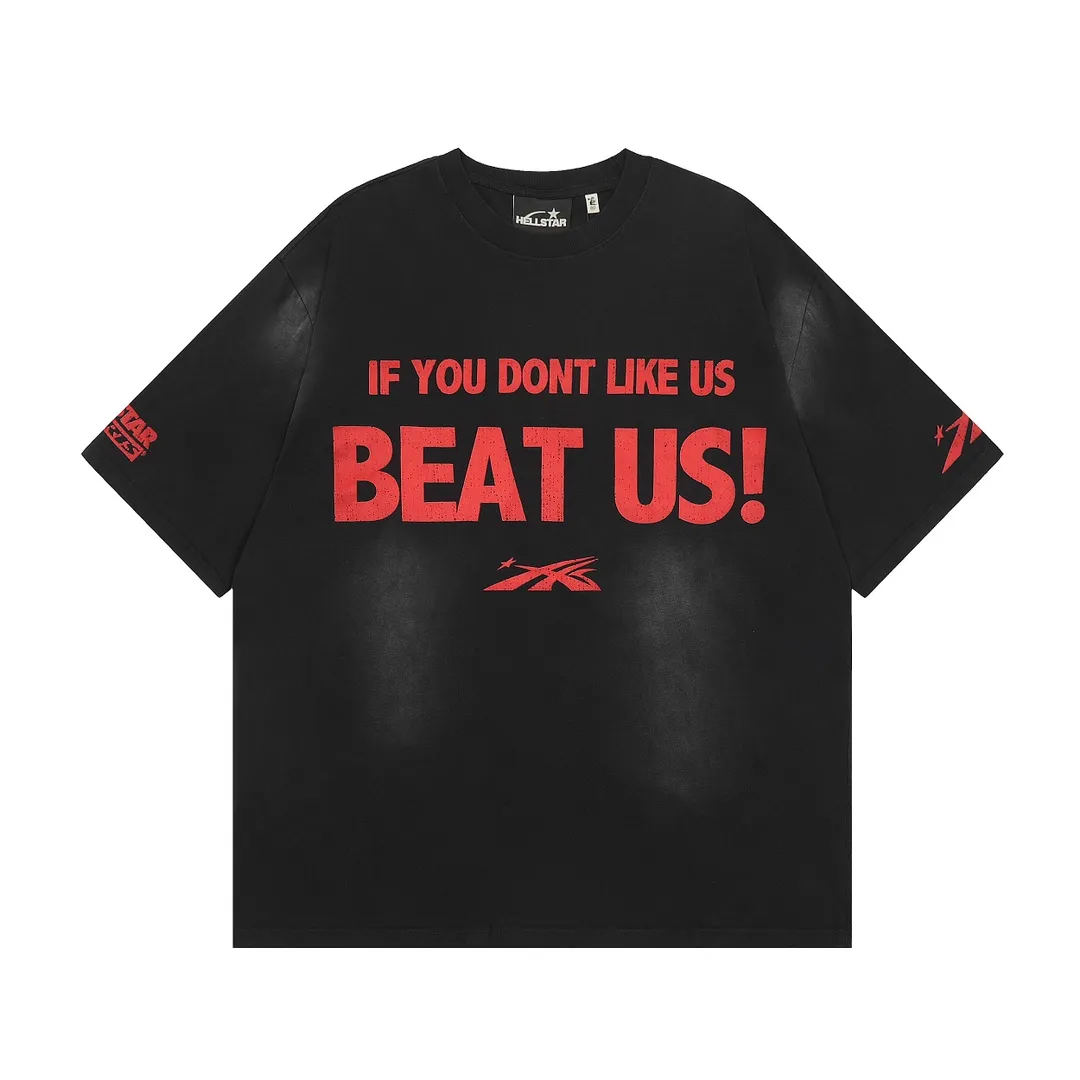 P134 Hellstar Beat Us! T-Shirt Custom Cut and sew garment manufactured in Los Angeles. Dyed and potassium sprayed with jumbo screen print. Fits slightly oversized. Gentle wash tumble dry. Dry clean preferred Newly popular Hellstar short-sleeved T-shirt!   Standard beauty and trendy workmanship, original customization (fabric, pattern, printing, hang tag, main mark, etc.), exaggerated style, explosive style, dare to break through tradition, bring adventurous new fashion experience!  YoungBoy, the most popular rapper in the youth circle, has shot a lot of models for him, and celebrities such as Dababy and Swae Lee frequently get dressed!  color: Vintage Black (washed black)
