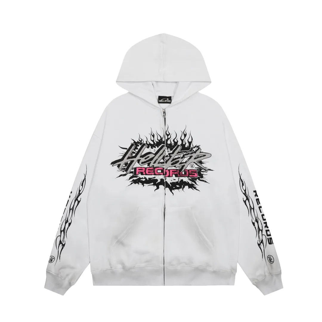 P240 HELLSTAR RECORDS GLITTER ZIP-UP High-quality pure cotton cardigan and sweatshirt jacket The new hot beauty trend Hellstar!  Standard beauty and trendy workmanship, original customization (fabric, pattern, printing, hang tag, main mark, etc.), exaggerated style, explosive style, dare to break through tradition, bring adventurous new fashion experience!   YoungBoy, the most popular rapper in the youth circle, has shot a lot of models for him, and celebrities such as Dababy and Swae Lee frequently get dressed!  color: WHITE Size: S, M, L, XL