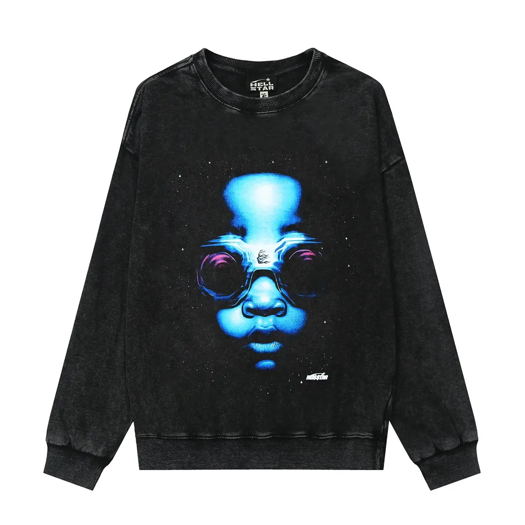 2206# P176 Washed European and American trendy brand Hellstar Washed and distressed American men and women couples casual loose round neck pocketless pullover sweatshirt Color: Black Size: S M L XL