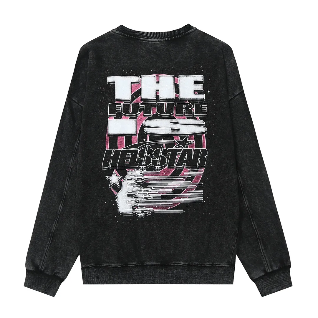 2206# P176 Washed European and American trendy brand Hellstar Washed and distressed American men and women couples casual loose round neck pocketless pullover sweatshirt Color: Black Size: S M L XL