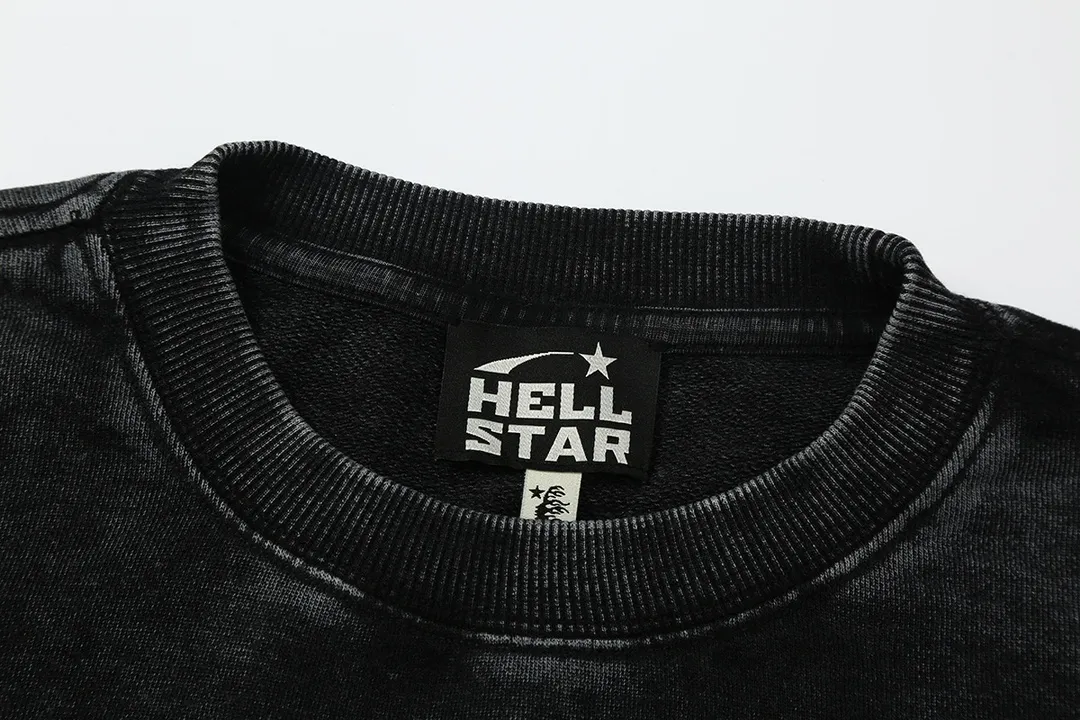 2206# P176 Washed European and American trendy brand Hellstar Washed and distressed American men and women couples casual loose round neck pocketless pullover sweatshirt Color: Black Size: S M L XL