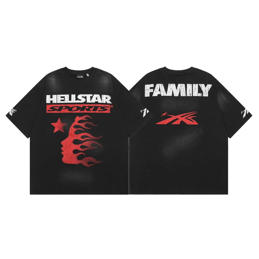 P134 Hellstar Family Tee( T-shirt) Custom Cut and sew garment manufactured in Los Angeles. Dyed and potassium sprayed with jumbo screen print. Fits slightly oversized. Gentle wash tumble dry. Dry clean preferred Newly popular and trendy Hellstar short-sleeved T-shirt!   Standard beauty and trendy workmanship, original customization (fabric, pattern, printing, hang tag, main mark, etc.), exaggerated style, explosive style, dare to break through tradition, bring adventurous new fashion experience!  YoungBoy, the most popular rapper in the youth circle, has shot a lot of models for him, and celebrities such as Dababy and Swae Lee frequently get dressed!  color: Vintage Black (washed black)