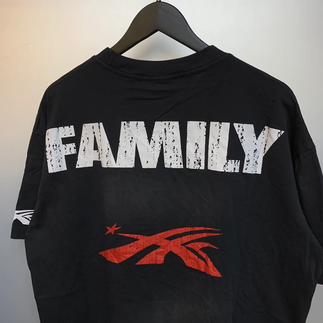 P134 Hellstar Family Tee( T-shirt) Custom Cut and sew garment manufactured in Los Angeles. Dyed and potassium sprayed with jumbo screen print. Fits slightly oversized. Gentle wash tumble dry. Dry clean preferred Newly popular and trendy Hellstar short-sleeved T-shirt!   Standard beauty and trendy workmanship, original customization (fabric, pattern, printing, hang tag, main mark, etc.), exaggerated style, explosive style, dare to break through tradition, bring adventurous new fashion experience!  YoungBoy, the most popular rapper in the youth circle, has shot a lot of models for him, and celebrities such as Dababy and Swae Lee frequently get dressed!  color: Vintage Black (washed black)