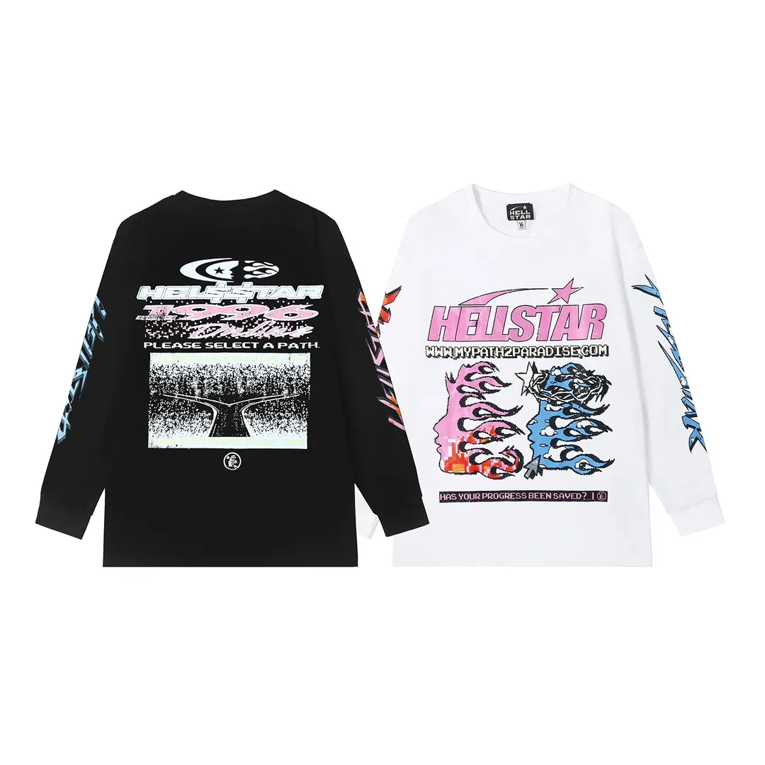 5509# P136 Hellstar Hellstar letter print lightning high street men and women hip-hop loose long-sleeved T-shirt Color: White Black Size: S M L XL