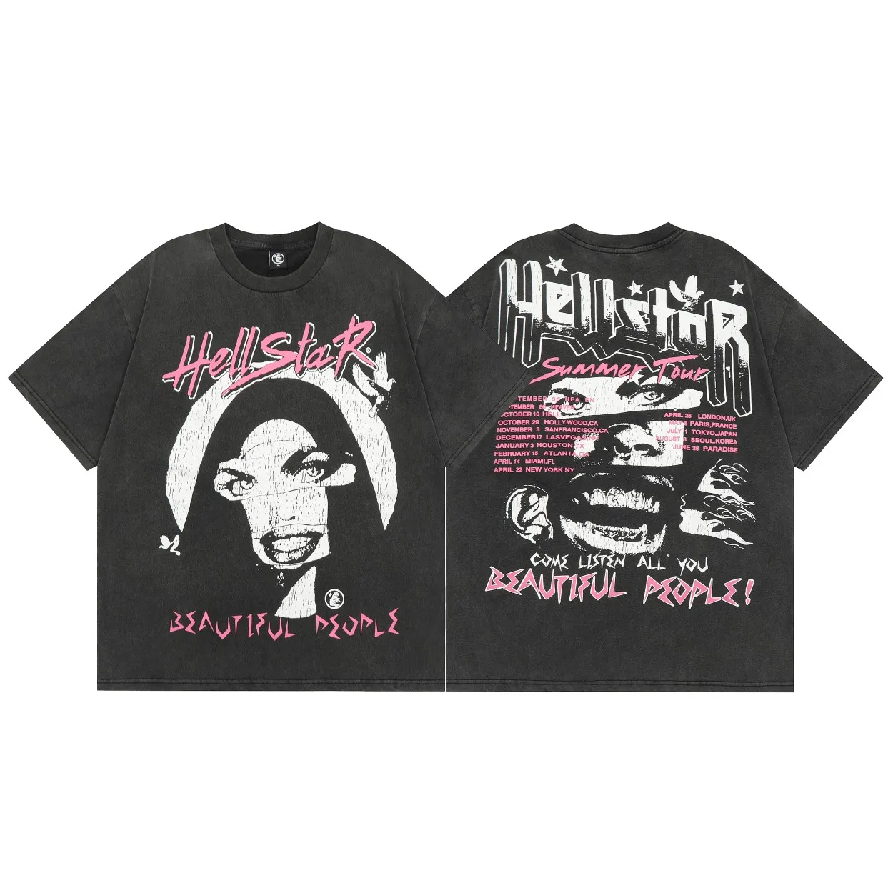 P126 Hellstar Studios Vintage Beautiful People Band Tee Hellstar washed and distressed short-sleeved T-shirt The new hot beauty trend Hellstar!  Standard beauty and trendy workmanship, original customization (fabric, pattern, printing, hang tag, main mark, etc.), exaggerated style, explosive style, dare to break through tradition, bring adventurous new fashion experience!  YoungBoy, the most popular rapper in the youth circle, has shot a lot of models for him, and celebrities such as Dababy and Swae Lee frequently get dressed!  color: Vintage Black (washed black) size: S, M, L, XL