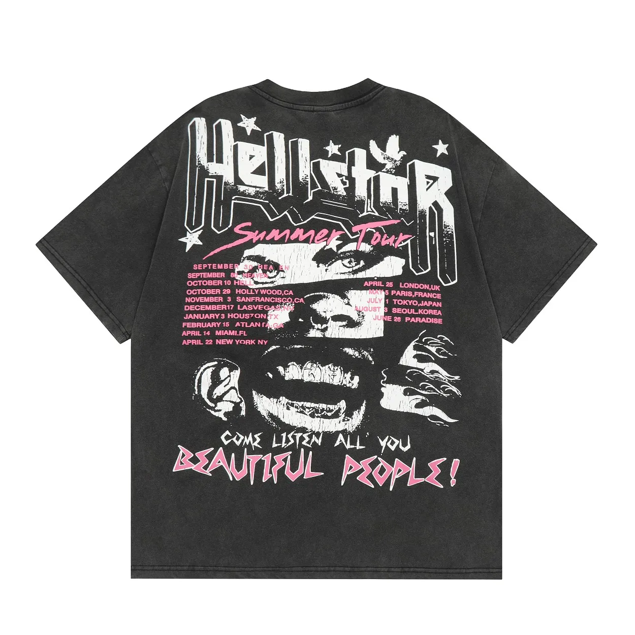 P126 Hellstar Studios Vintage Beautiful People Band Tee Hellstar washed and distressed short-sleeved T-shirt The new hot beauty trend Hellstar!  Standard beauty and trendy workmanship, original customization (fabric, pattern, printing, hang tag, main mark, etc.), exaggerated style, explosive style, dare to break through tradition, bring adventurous new fashion experience!  YoungBoy, the most popular rapper in the youth circle, has shot a lot of models for him, and celebrities such as Dababy and Swae Lee frequently get dressed!  color: Vintage Black (washed black) size: S, M, L, XL