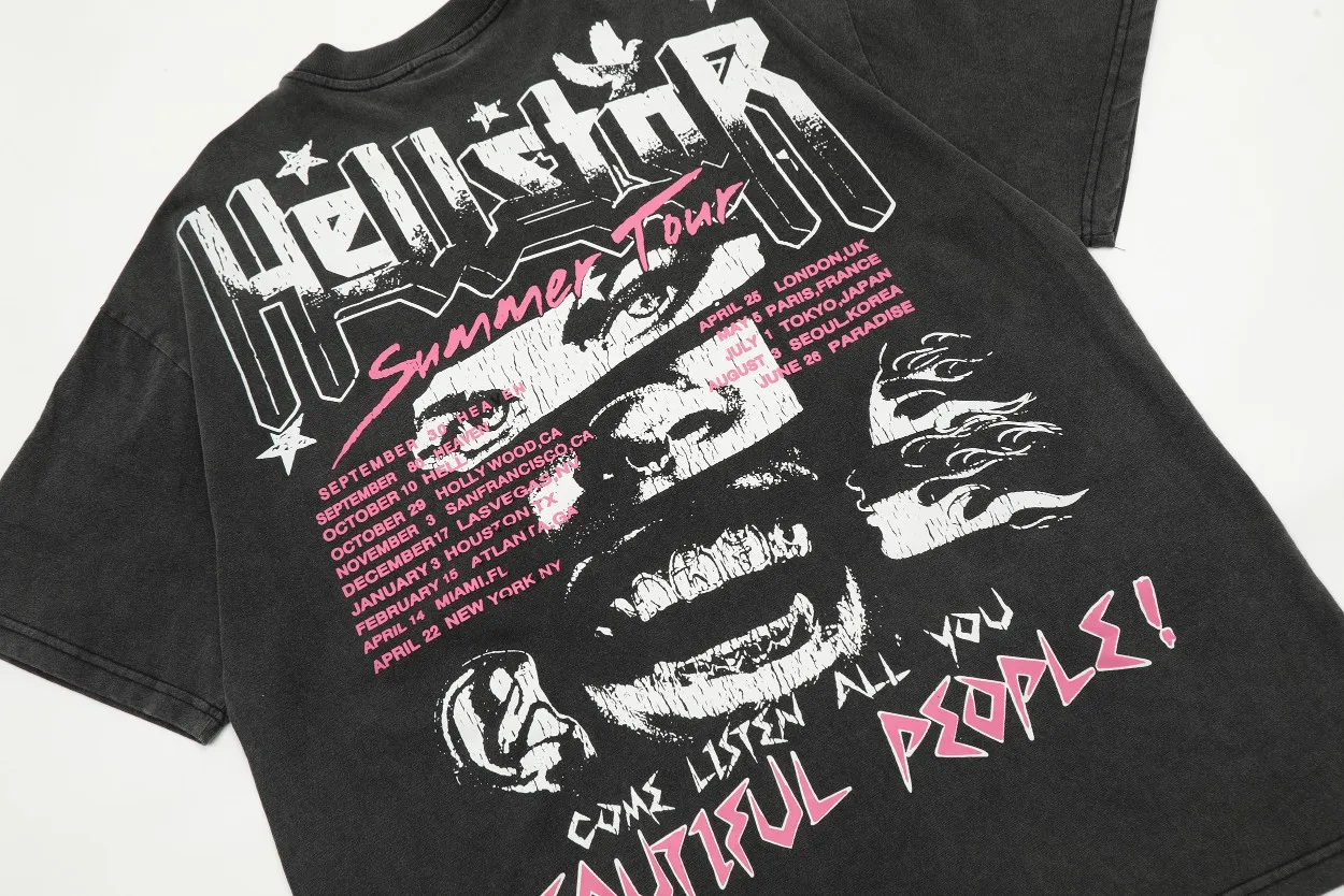 P126 Hellstar Studios Vintage Beautiful People Band Tee Hellstar washed and distressed short-sleeved T-shirt The new hot beauty trend Hellstar!  Standard beauty and trendy workmanship, original customization (fabric, pattern, printing, hang tag, main mark, etc.), exaggerated style, explosive style, dare to break through tradition, bring adventurous new fashion experience!  YoungBoy, the most popular rapper in the youth circle, has shot a lot of models for him, and celebrities such as Dababy and Swae Lee frequently get dressed!  color: Vintage Black (washed black) size: S, M, L, XL