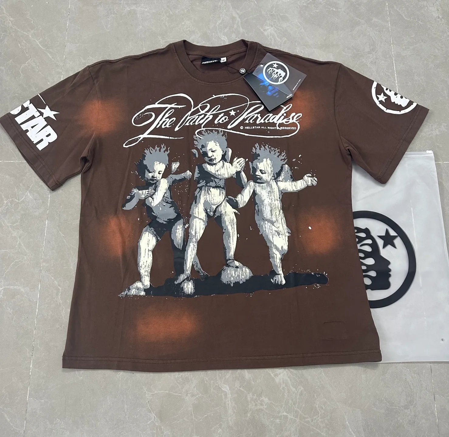 P124 810# Washed Coffee I Hellstar Cross-border European and American style street brand pure cotton T-shirt Fabric (fabric): 32 counts 250g washed combed double yarn pure cotton Size (size): S-M- L- X L Color (colour): Washed coffee