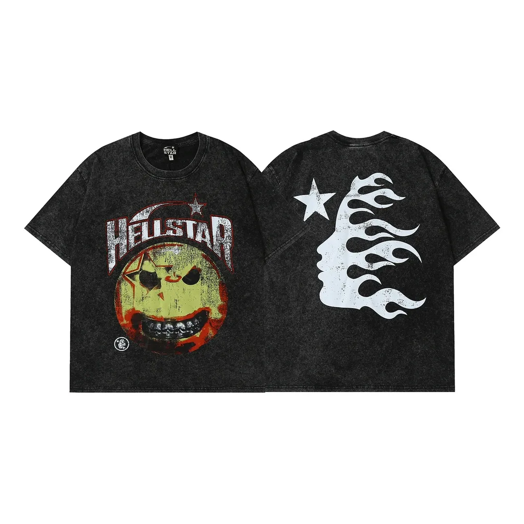 7710# P124 Washed Hellstar Hellstar ins same style retro printed tops for men and women, casual and trendy pure cotton washed short-sleeved T-shirt Color: Black Size: S M L XL