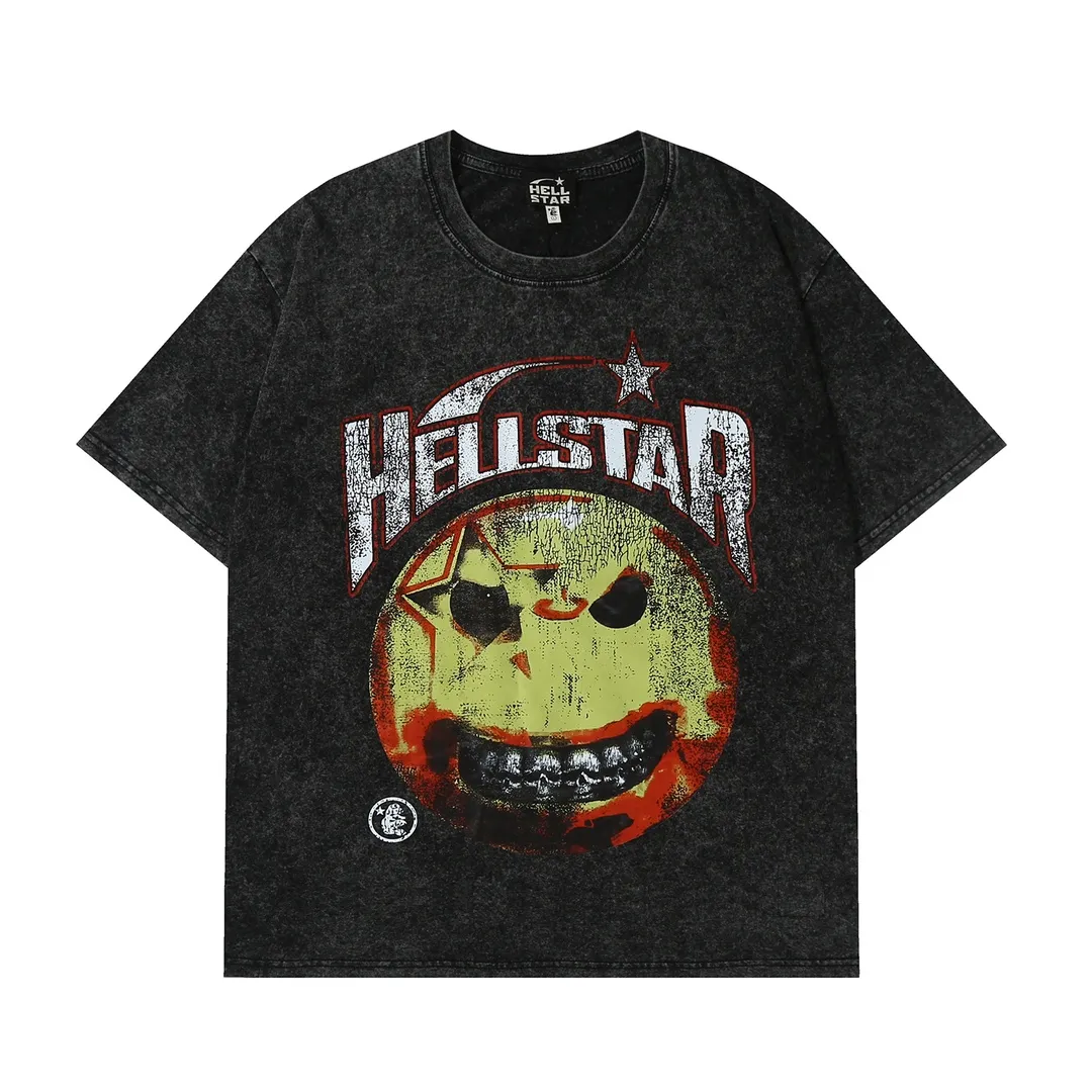 7710# P124 Washed Hellstar Hellstar ins same style retro printed tops for men and women, casual and trendy pure cotton washed short-sleeved T-shirt Color: Black Size: S M L XL