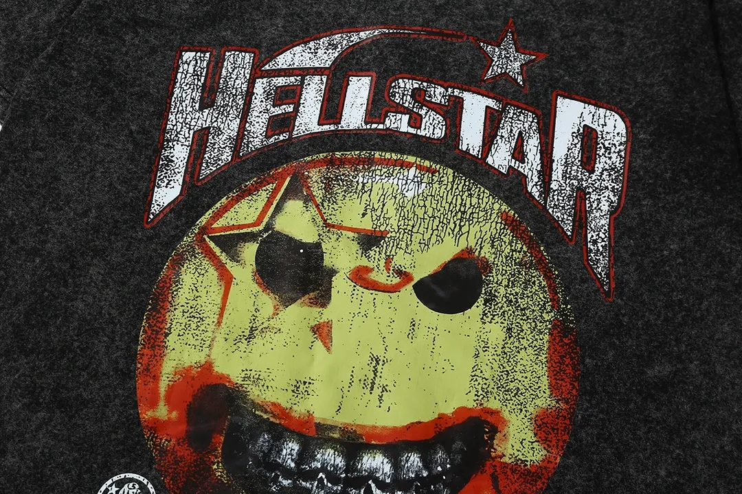 7710# P124 Washed Hellstar Hellstar ins same style retro printed tops for men and women, casual and trendy pure cotton washed short-sleeved T-shirt Color: Black Size: S M L XL