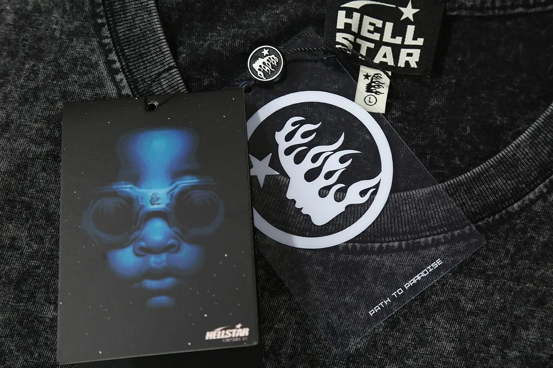 7710# P124 Washed Hellstar Hellstar ins same style retro printed tops for men and women, casual and trendy pure cotton washed short-sleeved T-shirt Color: Black Size: S M L XL