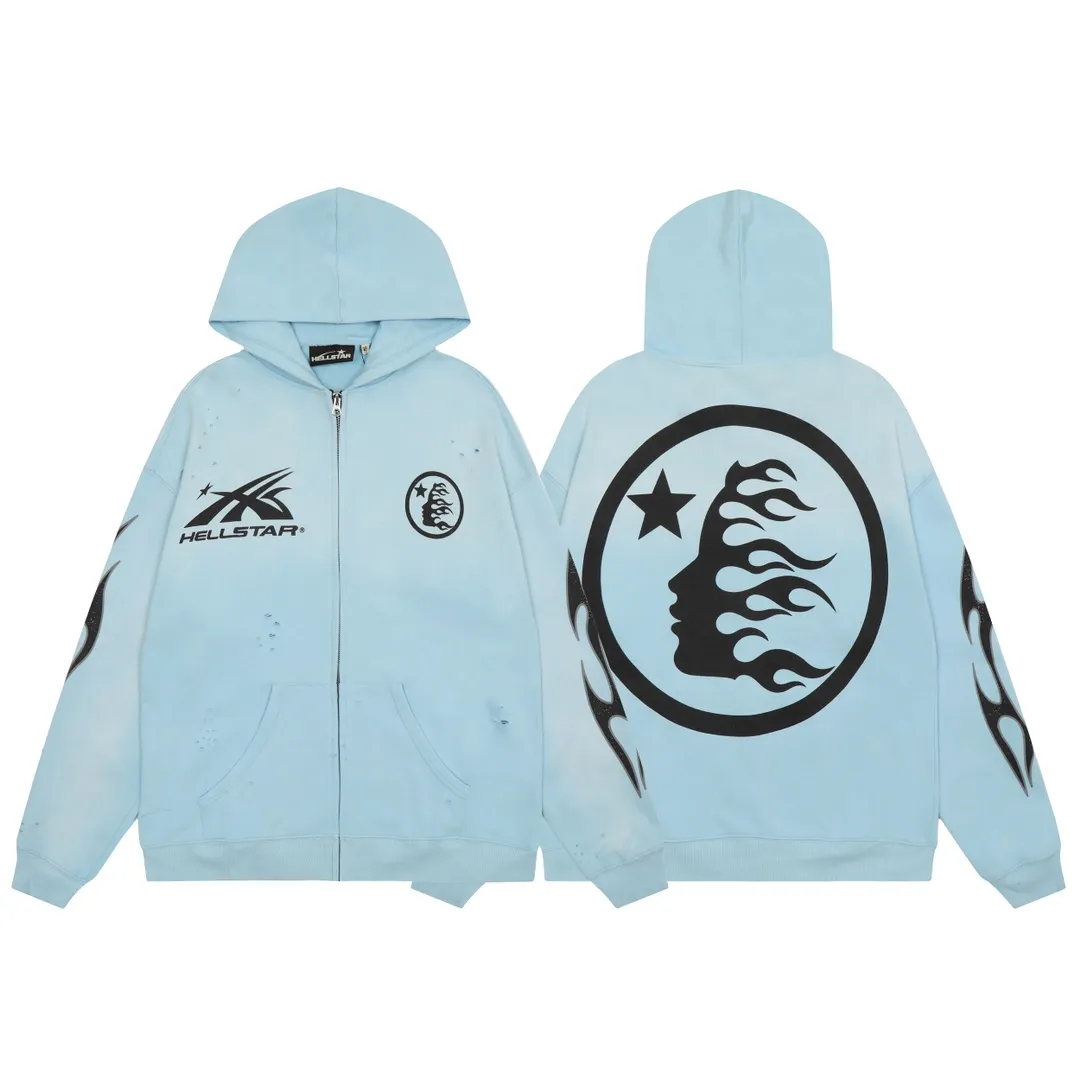 P240 HELLSTAR STUDIOS ZIP HOODIE American fashion classic logo printed washed and worn hoodie sweatshirt cardigan jacket New hot beauty fashion Hellstar!  Standard beauty and trendy workmanship, original customization (fabric, pattern, printing, hangtag, main mark, etc.), exaggerated style, explosive style, dare to break through tradition, bring adventurous new fashion experience!   YoungBoy, the most popular rapper in the youth circle, has shot a lot of models for him, and celebrities such as Dababy and Swae Lee frequently get dressed!  color: blue Size: S, M, L, XL