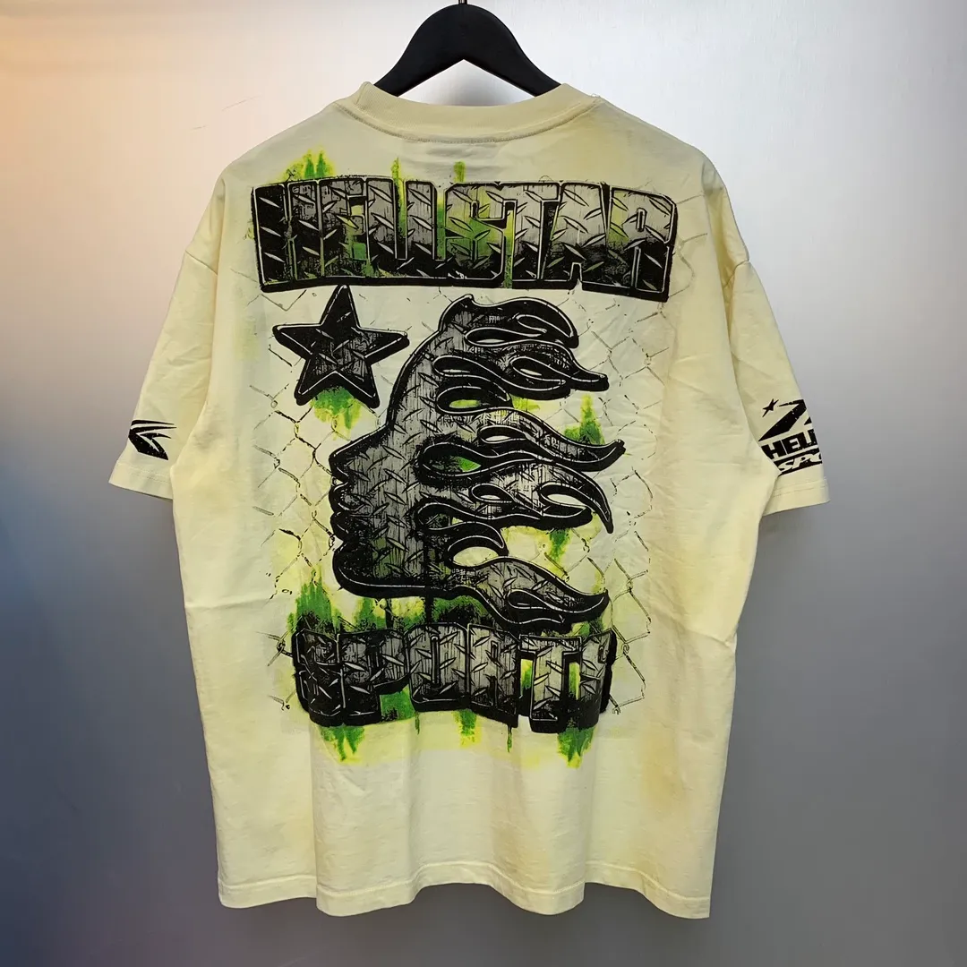 P134 Hellstar War Ready! T-Shirt Custom Cut and sew garment manufactured in Los Angeles. Dyed and potassium sprayed with jumbo screen print. Fits slightly oversized. Gentle wash tumble dry. Dry clean preferred New hot trendy Hellstar short-sleeved T-shirt!   Standard beauty and trendy workmanship, original customization (fabric, pattern, printing, hang tag, main mark, etc.), exaggerated style, explosive style, dare to break through tradition, bring adventurous new fashion experience!  YoungBoy, the most popular rapper in the youth circle, has shot a lot of models for him, and celebrities such as Dababy and Swae Lee frequently get dressed!   color: cream (beige) Size: S, M, L, XL