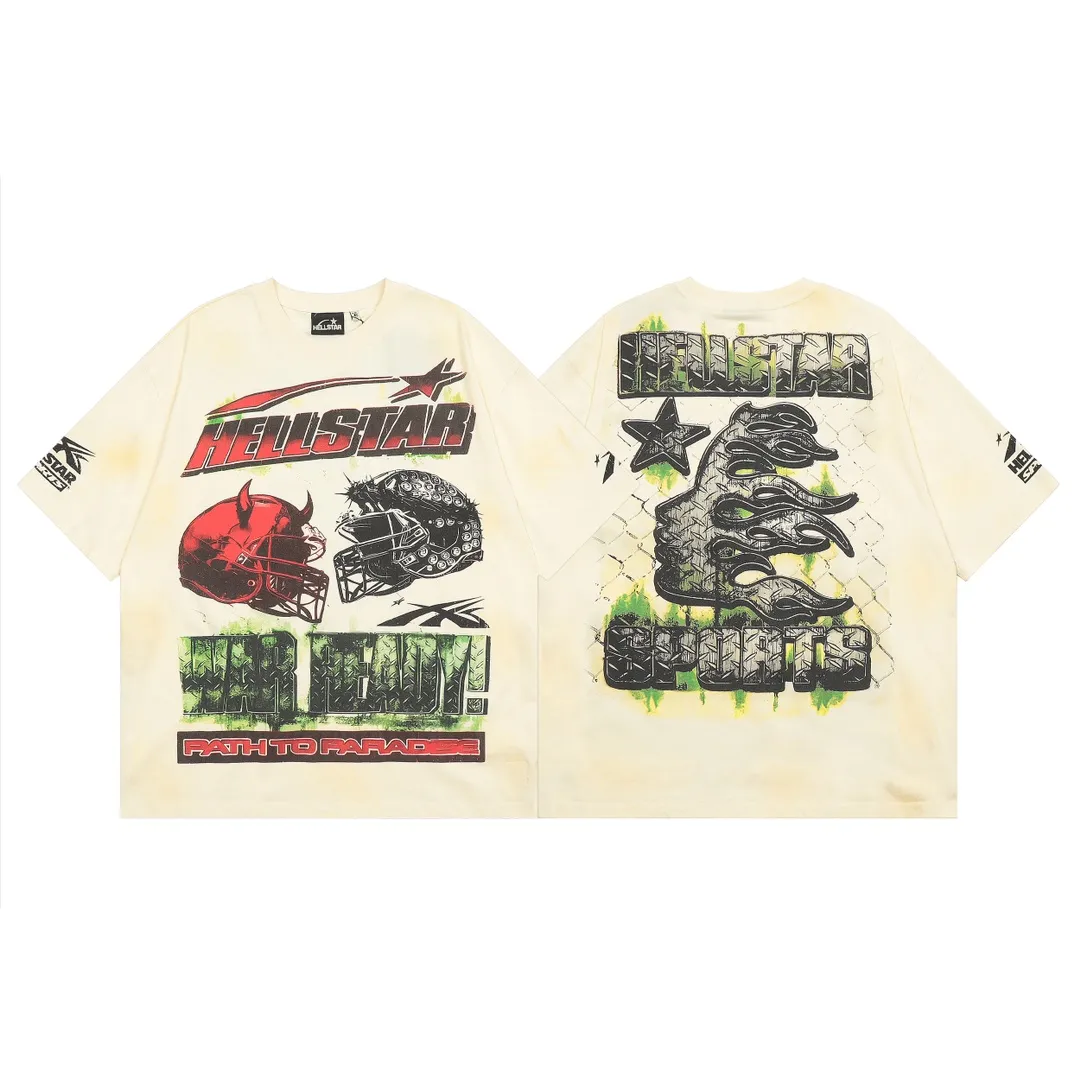 P134 Hellstar War Ready! T-Shirt Custom Cut and sew garment manufactured in Los Angeles. Dyed and potassium sprayed with jumbo screen print. Fits slightly oversized. Gentle wash tumble dry. Dry clean preferred New hot trendy Hellstar short-sleeved T-shirt!   Standard beauty and trendy workmanship, original customization (fabric, pattern, printing, hang tag, main mark, etc.), exaggerated style, explosive style, dare to break through tradition, bring adventurous new fashion experience!  YoungBoy, the most popular rapper in the youth circle, has shot a lot of models for him, and celebrities such as Dababy and Swae Lee frequently get dressed!   color: cream (beige) Size: S, M, L, XL