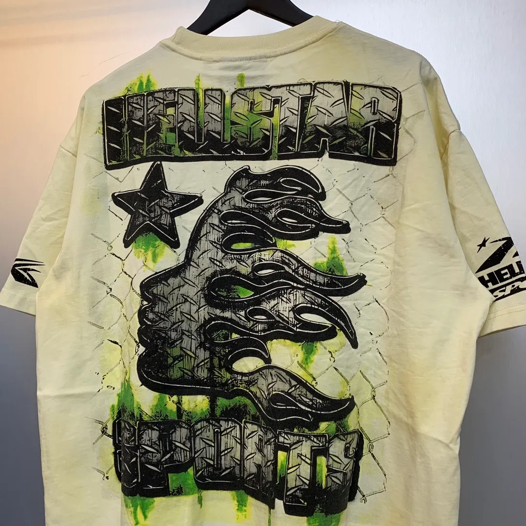 P134 Hellstar War Ready! T-Shirt Custom Cut and sew garment manufactured in Los Angeles. Dyed and potassium sprayed with jumbo screen print. Fits slightly oversized. Gentle wash tumble dry. Dry clean preferred New hot trendy Hellstar short-sleeved T-shirt!   Standard beauty and trendy workmanship, original customization (fabric, pattern, printing, hang tag, main mark, etc.), exaggerated style, explosive style, dare to break through tradition, bring adventurous new fashion experience!  YoungBoy, the most popular rapper in the youth circle, has shot a lot of models for him, and celebrities such as Dababy and Swae Lee frequently get dressed!   color: cream (beige) Size: S, M, L, XL