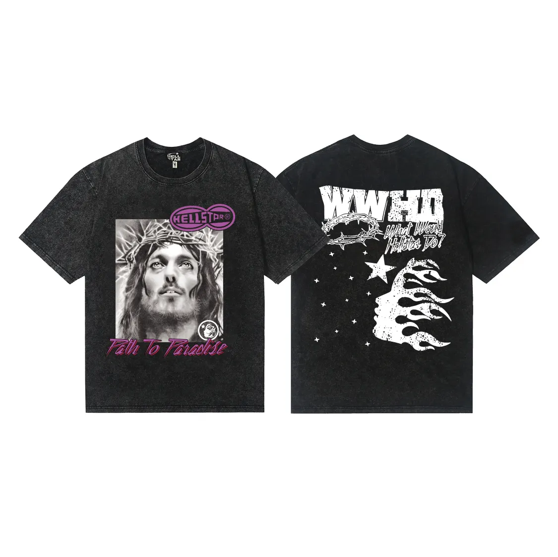 7738# P124 Washed Hellstar Hellstar ins same style retro printed tops for men and women, casual and trendy pure cotton washed short-sleeved T-shirt Color: Black Size: S M L XL