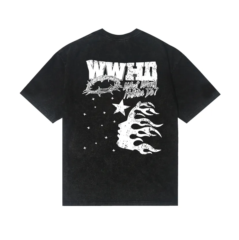 7738# P124 Washed Hellstar Hellstar ins same style retro printed tops for men and women, casual and trendy pure cotton washed short-sleeved T-shirt Color: Black Size: S M L XL