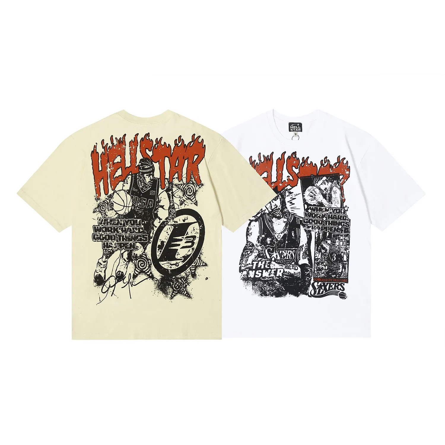 6675# P116 Hellstar American fashion high street pure cotton loose short-sleeved T-shirt Color: Apricot Black Size: S M L XL