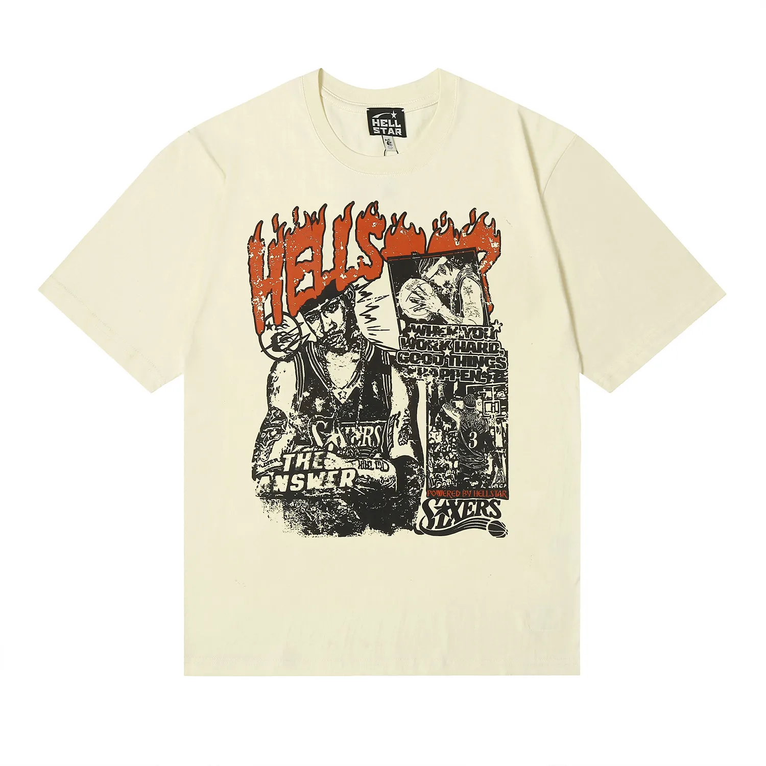 6675# P116 Hellstar American fashion high street pure cotton loose short-sleeved T-shirt Color: Apricot Black Size: S M L XL