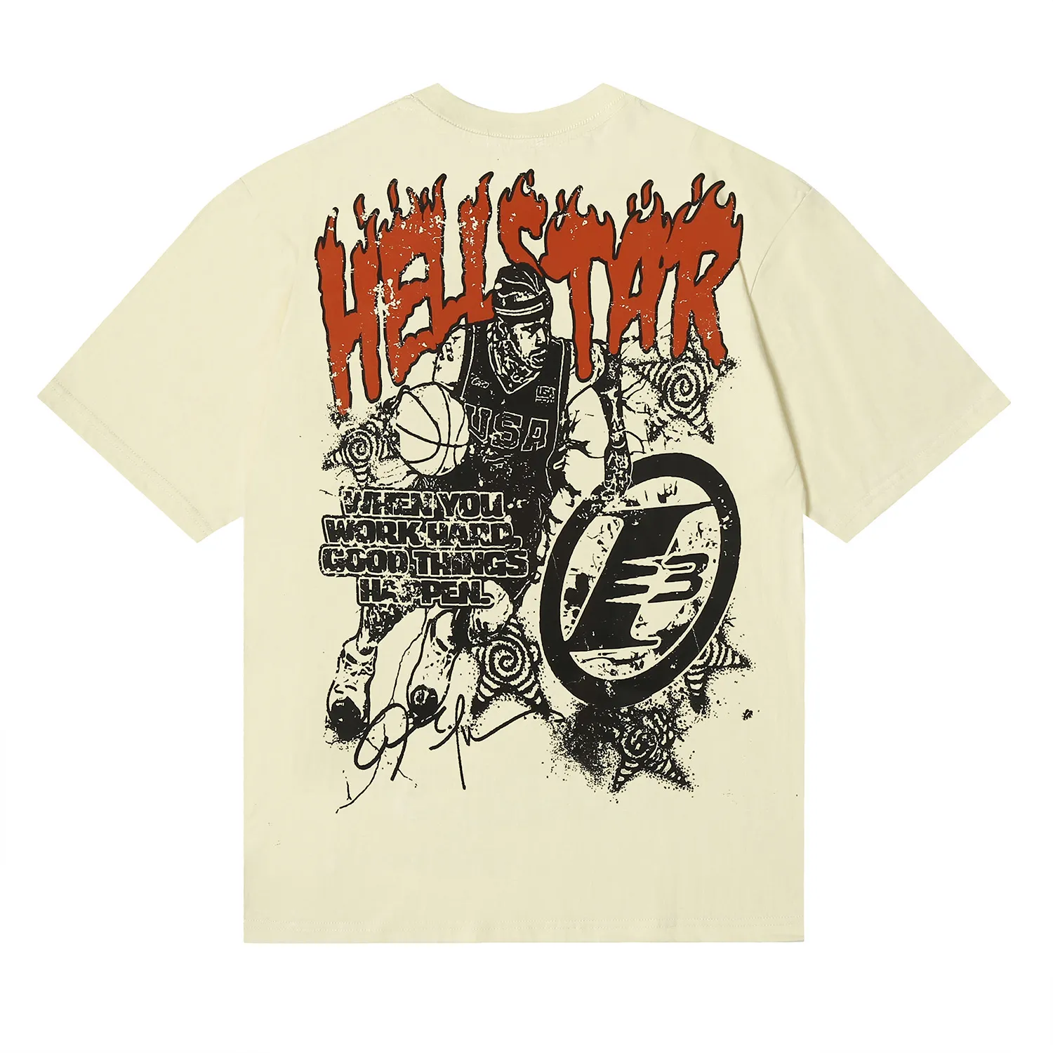 6675# P116 Hellstar American fashion high street pure cotton loose short-sleeved T-shirt Color: Apricot Black Size: S M L XL