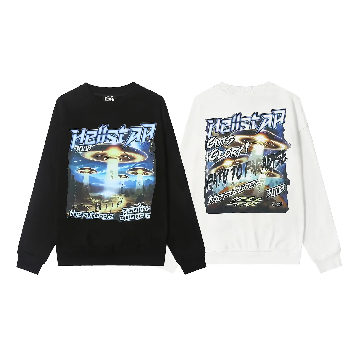 8835# P160 Hellstar high-quality Hellstar American trendy printed cotton terry crew neck sweatshirt Color: White Black Size: S M L XL