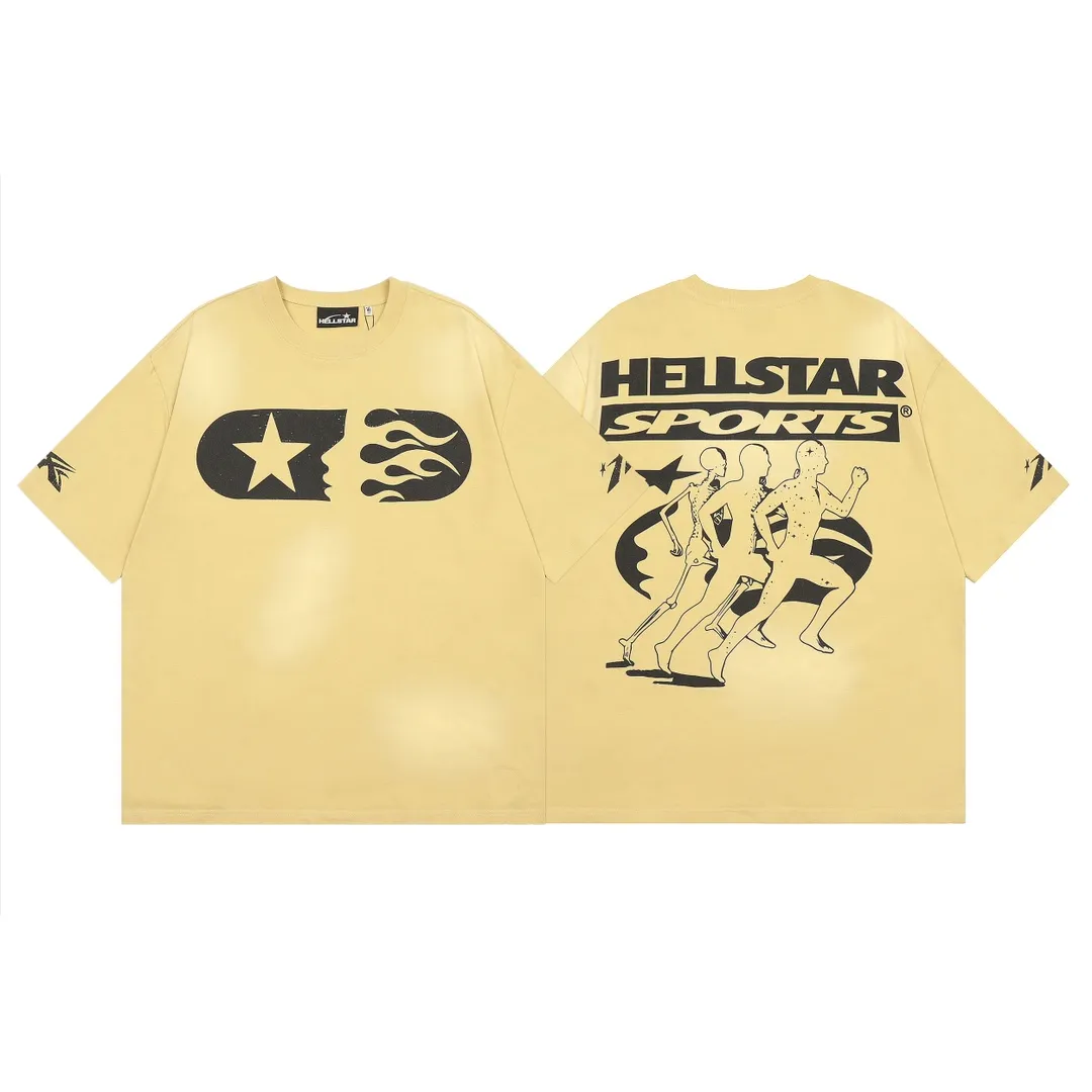 P126 Hellstar Marathon T-Shirt (Yellow) Custom Cut and sew garment manufactured in Los Angeles. Dyed and potassium sprayed with jumbo screen print. Fits slightly oversized. Gentle wash tumble dry. Dry clean preferred Newly popular and trendy Hellstar short-sleeved T-shirt!   Standard beauty and trendy workmanship, original customization (fabric, pattern, printing, hang tag, main mark, etc.), exaggerated style, explosive style, dare to break through tradition, bring adventurous new fashion experience!  YoungBoy, the most popular rapper in the youth circle, has shot a lot of models for him, and celebrities such as Dababy and Swae Lee frequently get dressed!   color: yellow size: S, M, L, XL