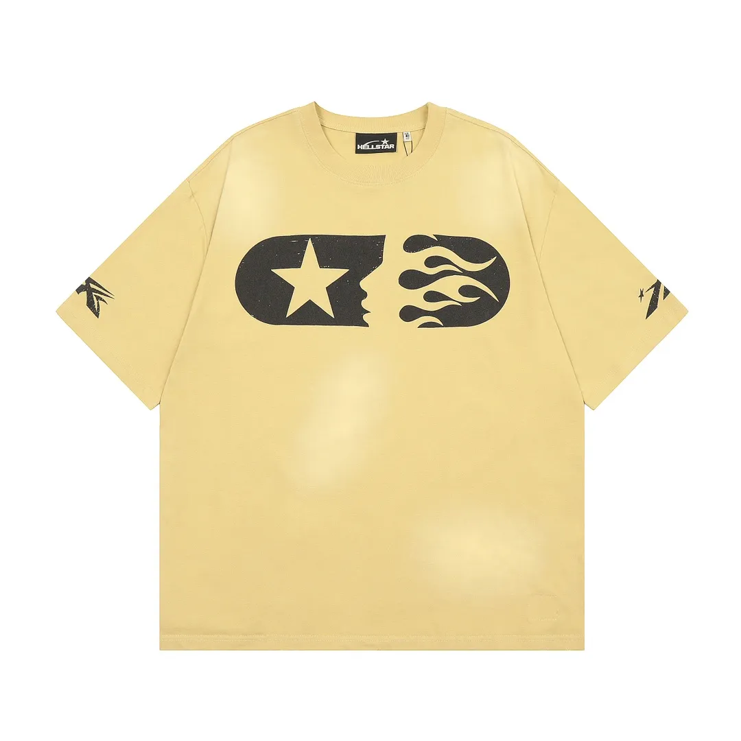 P126 Hellstar Marathon T-Shirt (Yellow) Custom Cut and sew garment manufactured in Los Angeles. Dyed and potassium sprayed with jumbo screen print. Fits slightly oversized. Gentle wash tumble dry. Dry clean preferred Newly popular and trendy Hellstar short-sleeved T-shirt!   Standard beauty and trendy workmanship, original customization (fabric, pattern, printing, hang tag, main mark, etc.), exaggerated style, explosive style, dare to break through tradition, bring adventurous new fashion experience!  YoungBoy, the most popular rapper in the youth circle, has shot a lot of models for him, and celebrities such as Dababy and Swae Lee frequently get dressed!   color: yellow size: S, M, L, XL