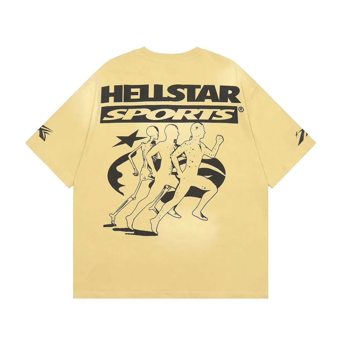 P126 Hellstar Marathon T-Shirt (Yellow) Custom Cut and sew garment manufactured in Los Angeles. Dyed and potassium sprayed with jumbo screen print. Fits slightly oversized. Gentle wash tumble dry. Dry clean preferred Newly popular and trendy Hellstar short-sleeved T-shirt!   Standard beauty and trendy workmanship, original customization (fabric, pattern, printing, hang tag, main mark, etc.), exaggerated style, explosive style, dare to break through tradition, bring adventurous new fashion experience!  YoungBoy, the most popular rapper in the youth circle, has shot a lot of models for him, and celebrities such as Dababy and Swae Lee frequently get dressed!   color: yellow size: S, M, L, XL