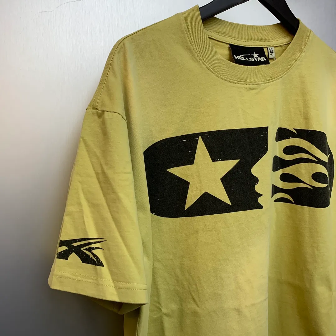 P126 Hellstar Marathon T-Shirt (Yellow) Custom Cut and sew garment manufactured in Los Angeles. Dyed and potassium sprayed with jumbo screen print. Fits slightly oversized. Gentle wash tumble dry. Dry clean preferred Newly popular and trendy Hellstar short-sleeved T-shirt!   Standard beauty and trendy workmanship, original customization (fabric, pattern, printing, hang tag, main mark, etc.), exaggerated style, explosive style, dare to break through tradition, bring adventurous new fashion experience!  YoungBoy, the most popular rapper in the youth circle, has shot a lot of models for him, and celebrities such as Dababy and Swae Lee frequently get dressed!   color: yellow size: S, M, L, XL