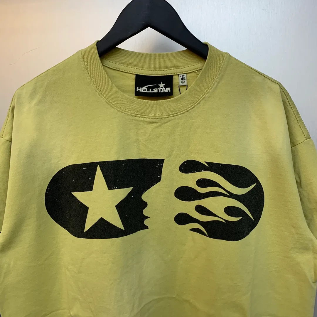 P126 Hellstar Marathon T-Shirt (Yellow) Custom Cut and sew garment manufactured in Los Angeles. Dyed and potassium sprayed with jumbo screen print. Fits slightly oversized. Gentle wash tumble dry. Dry clean preferred Newly popular and trendy Hellstar short-sleeved T-shirt!   Standard beauty and trendy workmanship, original customization (fabric, pattern, printing, hang tag, main mark, etc.), exaggerated style, explosive style, dare to break through tradition, bring adventurous new fashion experience!  YoungBoy, the most popular rapper in the youth circle, has shot a lot of models for him, and celebrities such as Dababy and Swae Lee frequently get dressed!   color: yellow size: S, M, L, XL