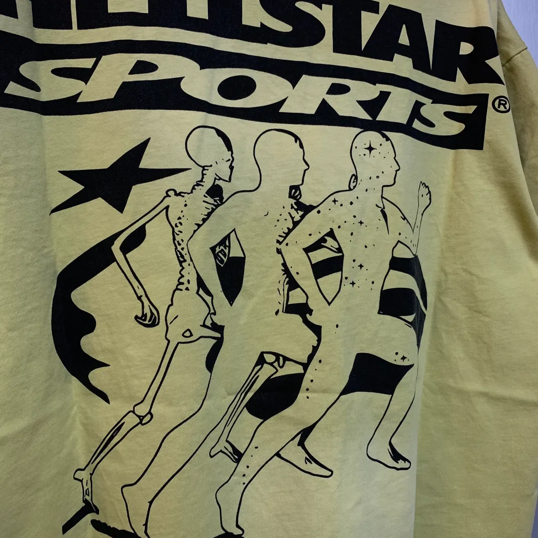 P126 Hellstar Marathon T-Shirt (Yellow) Custom Cut and sew garment manufactured in Los Angeles. Dyed and potassium sprayed with jumbo screen print. Fits slightly oversized. Gentle wash tumble dry. Dry clean preferred Newly popular and trendy Hellstar short-sleeved T-shirt!   Standard beauty and trendy workmanship, original customization (fabric, pattern, printing, hang tag, main mark, etc.), exaggerated style, explosive style, dare to break through tradition, bring adventurous new fashion experience!  YoungBoy, the most popular rapper in the youth circle, has shot a lot of models for him, and celebrities such as Dababy and Swae Lee frequently get dressed!   color: yellow size: S, M, L, XL