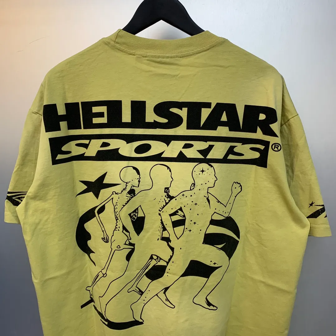 P126 Hellstar Marathon T-Shirt (Yellow) Custom Cut and sew garment manufactured in Los Angeles. Dyed and potassium sprayed with jumbo screen print. Fits slightly oversized. Gentle wash tumble dry. Dry clean preferred Newly popular and trendy Hellstar short-sleeved T-shirt!   Standard beauty and trendy workmanship, original customization (fabric, pattern, printing, hang tag, main mark, etc.), exaggerated style, explosive style, dare to break through tradition, bring adventurous new fashion experience!  YoungBoy, the most popular rapper in the youth circle, has shot a lot of models for him, and celebrities such as Dababy and Swae Lee frequently get dressed!   color: yellow size: S, M, L, XL