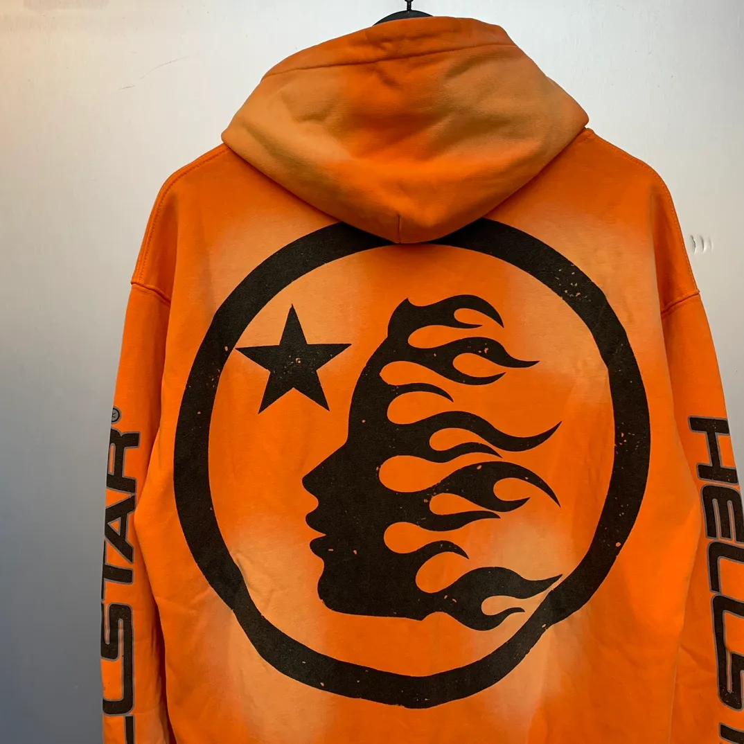 P240 Hellstar Hooded Sweatshirt Fashion brand pure cotton washed and distressed sweatshirt hoodie The new hot trendy Hellstar!  Standard beauty and trendy workmanship, original customization (fabric, pattern, printing, hang tag, main mark, etc.), exaggerated style, explosive style, dare to break through tradition, bring adventurous new fashion experience!   YoungBoy, the most popular rapper in the youth circle, has shot a lot of models for him, and celebrities such as Dababy and Swae Lee frequently get dressed!  color: orange Size: S, M, L, XL