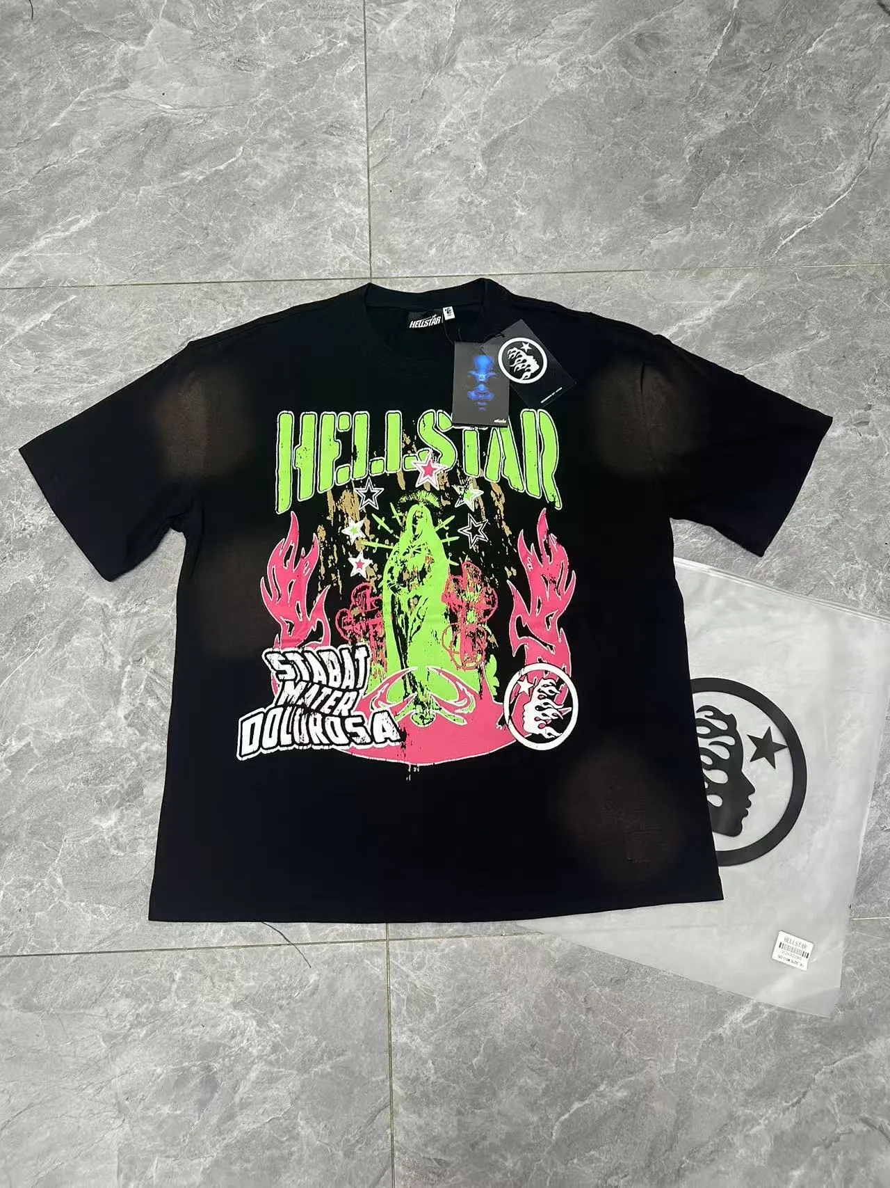 P124 Hellstar Hellstar Cross-border European and American style street fashion brand pure cotton T-shirt Fabric (fabric): 32 counts 250g washed combed double yarn pure cotton Size (size): S-M- L- X L Color (colour): Washed black (spray Ma Liu)