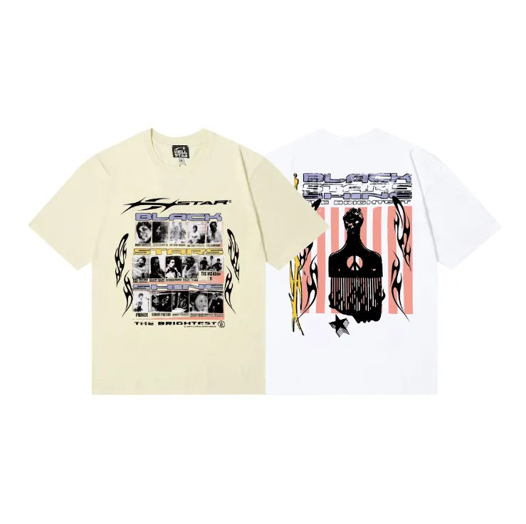 6752# P116 Hellstar American fashion high street pure cotton loose short-sleeved T-shirt Color: White Apricot Code Number: S M L XL