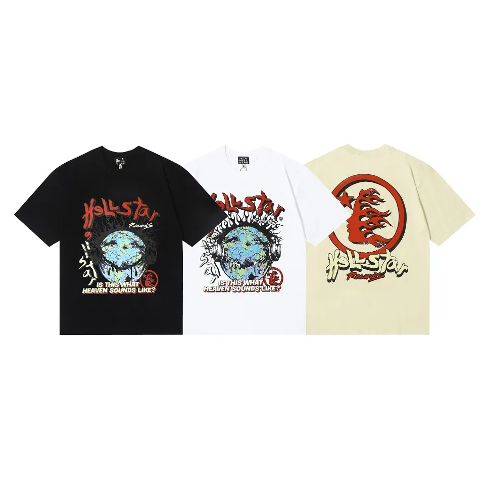 6607# P116 Hellstar short-sleeved Hellstar Rapper star fashion brand American fashion print high street retro T-shirt Color: White Black Apricot Size: S M L XL