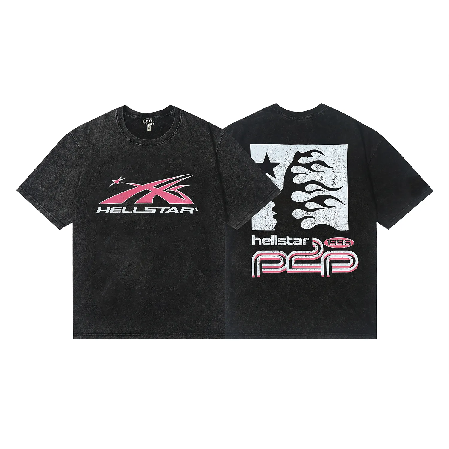 7721# P124 Washed Hellstar Hellstar ins same style retro printed tops for men and women, casual and trendy pure cotton washed short-sleeved T-shirt Color: Black Size: S M L XL